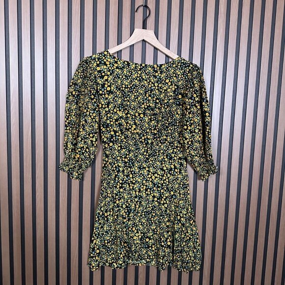 Faithful The Brand Sun Dress US 2 Womens Black Yellow Confetti 3/4 Sleeve Mini - Picture 1 of 8